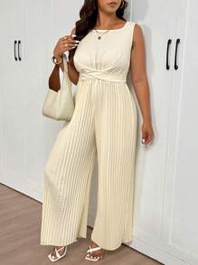 SHEIN Frenchy Plus Size Solid Color Simple Daily Square Neck Sleeveless Jumpsuit - Apricot - View 1