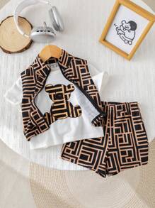 SHEIN 3pcs/Set Baby Boy Summer Cute Cartoon Bear Print Short Sleeve T-Shirt, Shorts, Vest 3-Piece Outfits