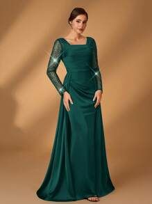 Serin Elegant Luxurious Transparent Long Sleeve Satin Splice Mermaid Beaded & Sequins Shawl, Suitable For Wedding, Party, Holiday, Banquet, Bride, Mother Dress - Dark Green - View 7