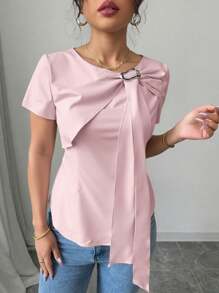 SHEIN Clasi Pink Lace-Up Front Ruffle Sleeve Vacation Shirt - Pink - View 3