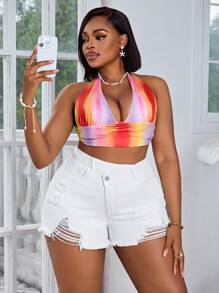 Slaydiva Plus Size Summer Casual Solid Color Ripped Slant Pocket Denim Shorts - White - View 3
