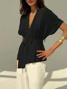 Aloruh Áo cánh tay ngắn cổ chữ V tối giản màu trơn cho nữ - màu đen - Xem 4