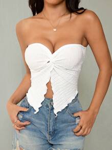 SHEIN PETITE Women's Solid Color Sexy Split Hem Bandeau Knit Top ,Petite Women - Apricot - View 4