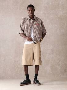 SUMWON Pantalones cortos tipo cargo diseñador con bordado de dragón, corte suelto, largo tipo bermuda casual, de tela twill, pierna ancha, estilo callejero de verano para skateboard