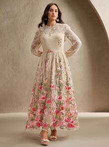 Anewsta 女士优雅花卉刺绣半透明蕾丝拼接泡泡袖连衣裙，适合派对、约会、节日出游和度假穿着 - 杏色 - 查看 4