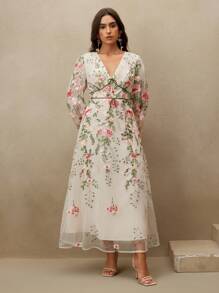 Anewsta 女式 V 领刺绣透视连衣裙，休闲时尚假日修腰大码长裙，夏季 - 白色 - 查看 3