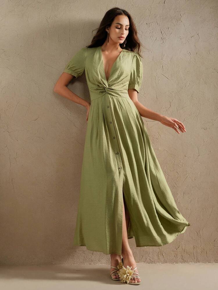 Elegant V-Neck Single-Breasted Short Sleeve Shirred & Twist Detail Puff Sleeve Dress, Chic And Sophisticated For Vacation, Festival, Graduation, Spring/Summer