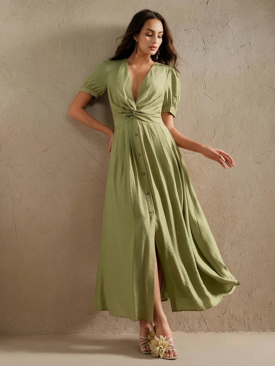 Anewsta 优雅的 V 领单排扣短袖褶皱和扭纹细节泡泡袖连衣裙，时尚精致，适合度假、节日、毕业典礼、春夏季 - 綠色 - 查看 1