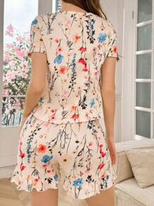 SHEIN Conjunto de pijama de punto con estampado floral, cuello redondo y mangas cortas con pantalón corto - Multicolor - Ver 3