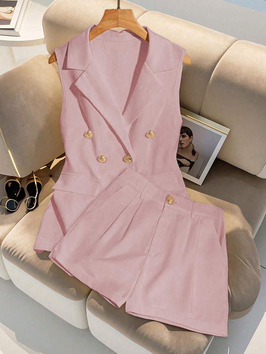 Franclia 2 Pieces High-End Elegant Sleeveless Vest And Shorts Set - Pink - View 1