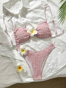 Swim Mod 2 件套女士夏季假日纯色纹理面料花卉装饰细肩带抹胸比基尼套装 - 藕粉色 - 查看 1