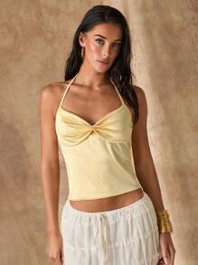 Glamine 黄色褶皱露背上衣、节日派对狂欢节上衣、女士夏季上衣、基本款上衣、露背上衣、女士夏季服装、夏季上衣、短款上衣、女士度假服装 - 黃色 - 查看 1