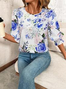 SHEIN Clasi Blusa holgada de manga corta con escote redondo y estampado floral, atuendo de primavera/verano para el Día de San Valentín, atuendo de campo para mujer, blusas casuales de primavera para mujer, atuendos de verano para mujer, atuendos de primavera para mujer, ropa de San Valentín, atuendos de verano para mujer