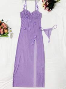 SHEIN 2 piezas Conjunto de camisón de malla sexy para mujer (con aros, tanga) para salir - Lila Púrpura - Ver 6
