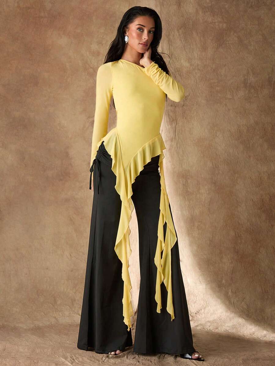 Glamine Romantic Spring Asymmetrical Jellyfish Ribbon Ruffled Hem Asymmetrical Sloping Shoulder Short Sleeve Solid Color Tight Elastic See-Through Mesh Women's T-Shir