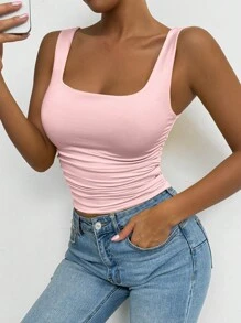SHEIN PETITE 柔粉色夏季休閒女款無袖修身背心，適合正式場合、高級優雅舞會、音樂節狂歡、街頭風、生日、演唱會、夜店、海灘，適合嬌小女性 - 粉色 - 查看 4