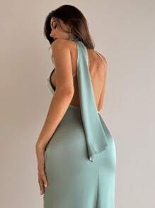 Aloruh 女士婚礼季性感优雅围巾领露背缎面美人鱼长裙蜜月装女士婚礼宾客礼服海岛度假装扮女士夏季礼服婚礼宾客礼服女士太阳裙母亲节装女士毕业礼服，薄荷绿礼服 - 綠色 - 查看 3