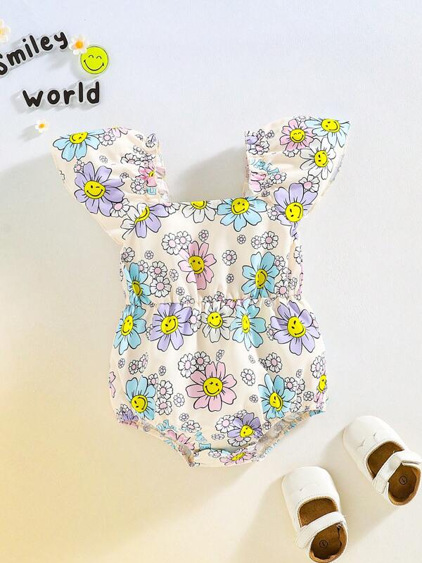 SmileyWorld® | SHEIN Baby Girl Cartoon Pink & Purple Flower & Smiling Face Pattern Summer Vacation Cute Romper