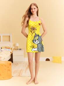 TOM & JERRY X SHEIN Vestido estilo top de tirantes con estampado de dibujos animados de verano para mujer
