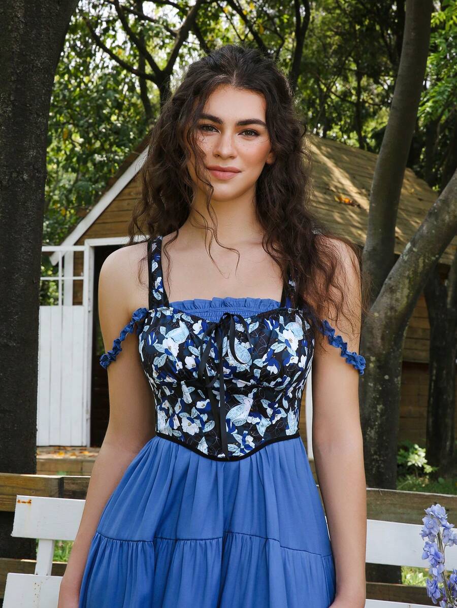 SHEIN 1pc Flower Printed Wire-Free Sexy Lace Bralette For Women UnderwearOuter - Multicolor - View 1
