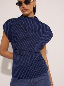 COSMINA Women's Summer Fashion Striped Ruched Waist Blouse - Navy Blue - View 4
