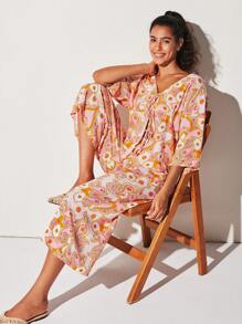 LUVLETTE Soft Rayon Pink Romantic Paisley Vacation Patterned Short-Sleeve Basic Bow Tie Rope Top & Pants Loungewear Airy Pajama Set Pants With Pockets Bridal Intimates - Dusty Pink - View 6