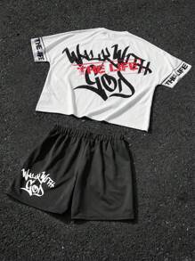 Manfinity EMRG 青年男士街头图形脸字母印花T恤套装街头潮流套装男士两件套男士两件套两件短款套装服装套装 - 彩色 - 查看 2