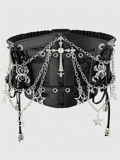 1pc Women Black Lace Chain Skeleton Cross Ribbon Decor Goth Style Elastic Waist Belt, Gothic Halloween Costume Accessory