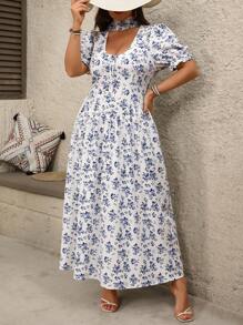 Flirla Plus Size Women's Elegant Casual Blue & White Floral V-Neck Tie-Waist Babydoll Maxi Dress, French Style, Suitable For Commute, Holiday, Afternoon Tea, With Puff Sleeves & Ruffled Skirt, Spring/Summer - Multicolor - View 3