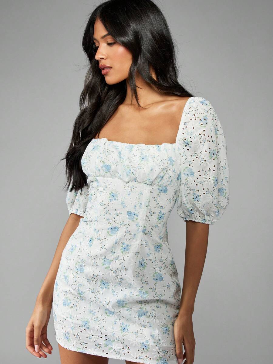 MISSGUIDED Empire Waist Puff Sleeve Square Neck Broderie Anglaise Mini Dress MISSGUIDED