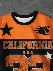 Camiseta gráfica de estilo minimalista casual y elegante para adolescentes varones, con nombre de ciudad de California, número 32, y patrones de estrella y llama, adecuada para el verano