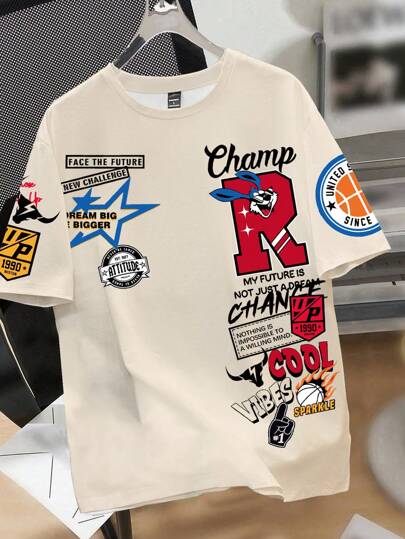 Manfinity Joysei Men's Summer Letter Print Round Neck Short Sleeve Casual Versatile T-Shirt