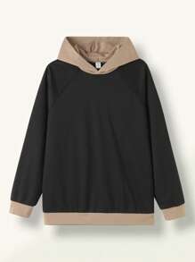 SHEIN 青少年男孩拼色连帽休闲运动衫 - 黑色 - 查看 1