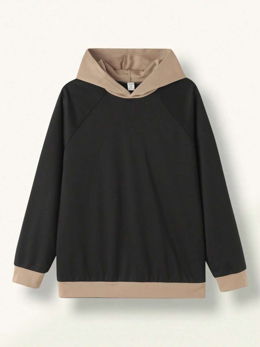 SHEIN 青少年男孩拼色连帽休闲运动衫 - 黑色 - 查看 1