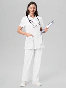 Scrubzie Wrinkle Resistant Short Sleeve Lace-Up Long Shirt And Pants Scrub Uniform Set