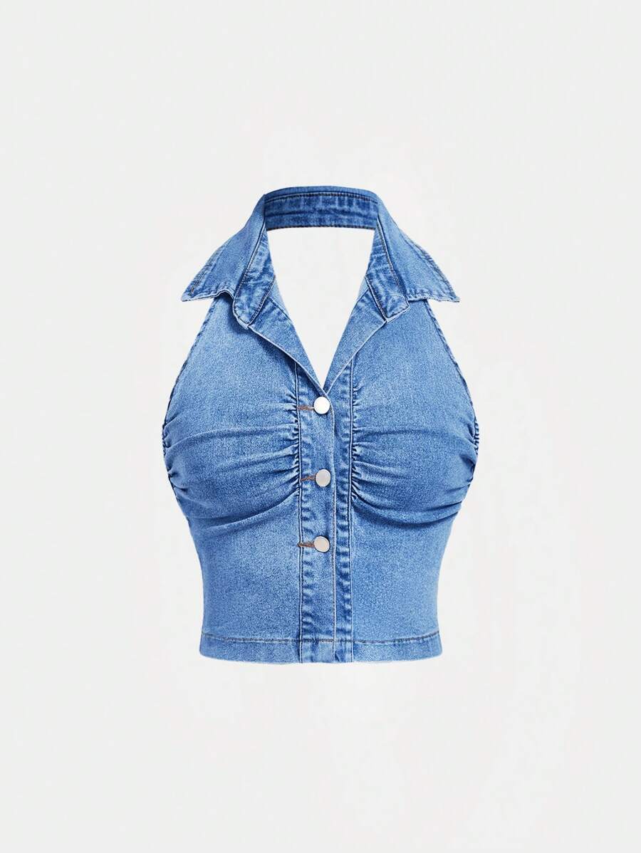 SHEIN MOD 女款單排扣百褶無袖修身牛仔上衣 - 中等水洗藍 - 查看 1