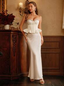 Anewsta Savoree Champagne Satin Bustier Corset Top With Rhinestone Embellishment, Ruffle Hem Design, Elegant For Dates, Parties, Wedding Guest - White - View 4