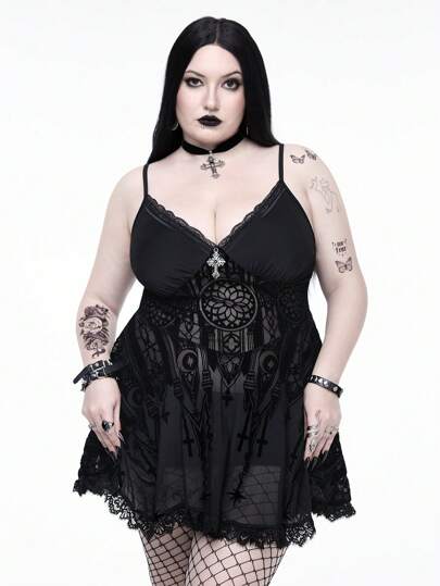 Goth Vestido delgado y transparente de talla grande con estampado de iglesia gótica de estilo veraniego y playero, para Halloween