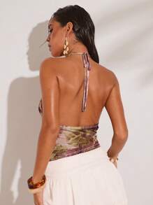 SHEIN BAE Blusa sin mangas con estampado floral, cuello halter y espalda descubierta