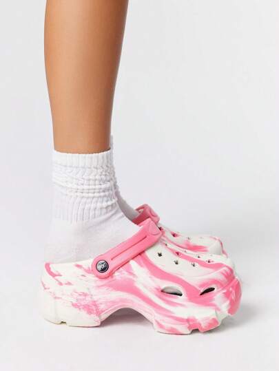 Grunge Punk Women's Pink Dopamine Perforated Platform Slip-On Sandals, Thick Sole, Anti-Slip, Closed Toe, Wedge Heel Summer Shoes