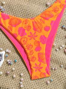Swim Mod 2件套夏季假期随机印花金色贝壳装饰吊带比基尼上衣和高腰泳裤性感泳衣套装 - 橘色 - 查看 5