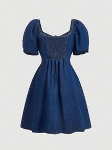 SHEIN MOD Plus Size Denim Dress Sweet Bubble Sleeve Loose Fit Blue Dress - Dark Wash - View 2