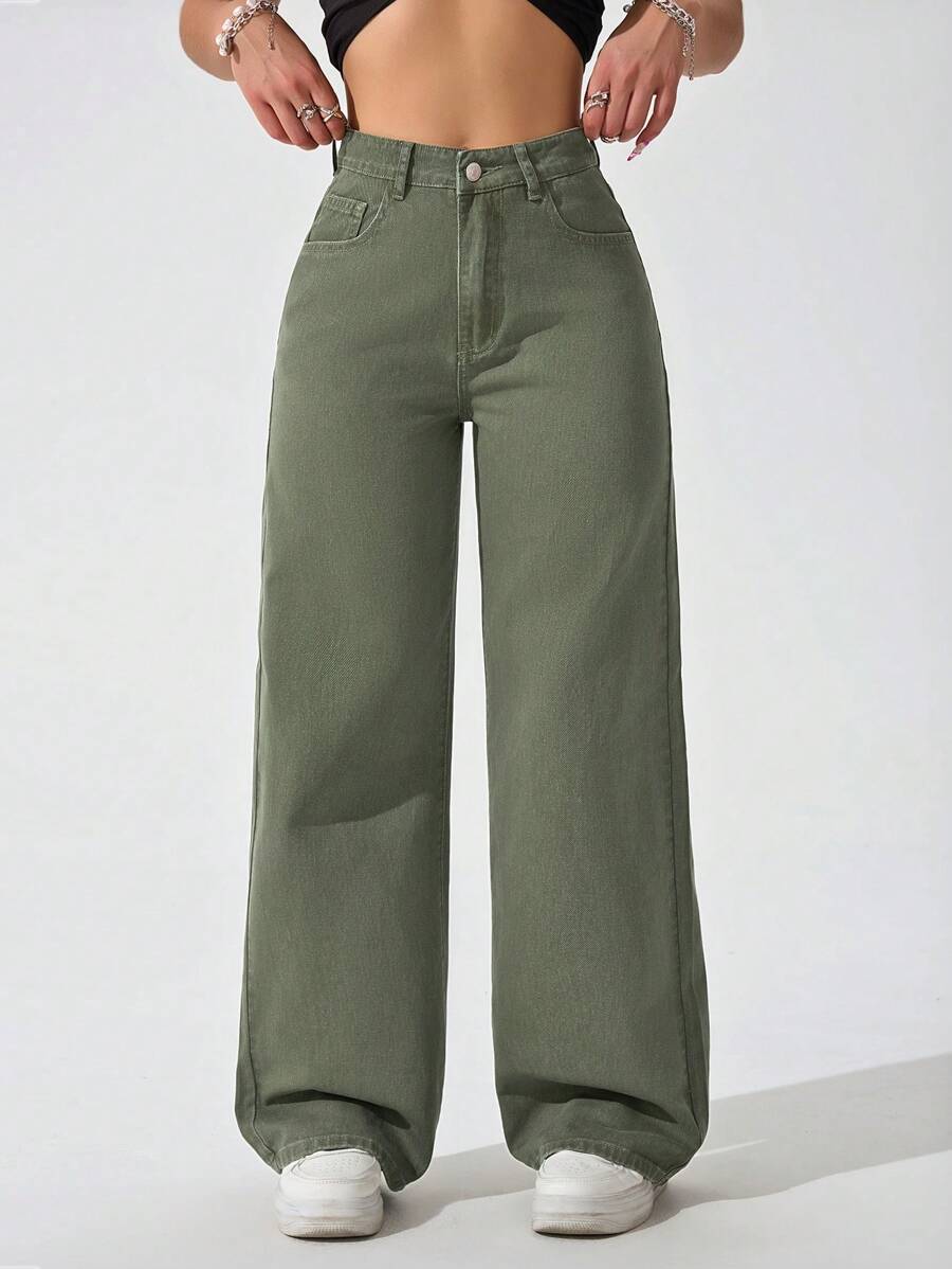 SHEIN Jeanoir 女式简约纯色休闲牛仔裤 - 軍綠色 - 查看 1