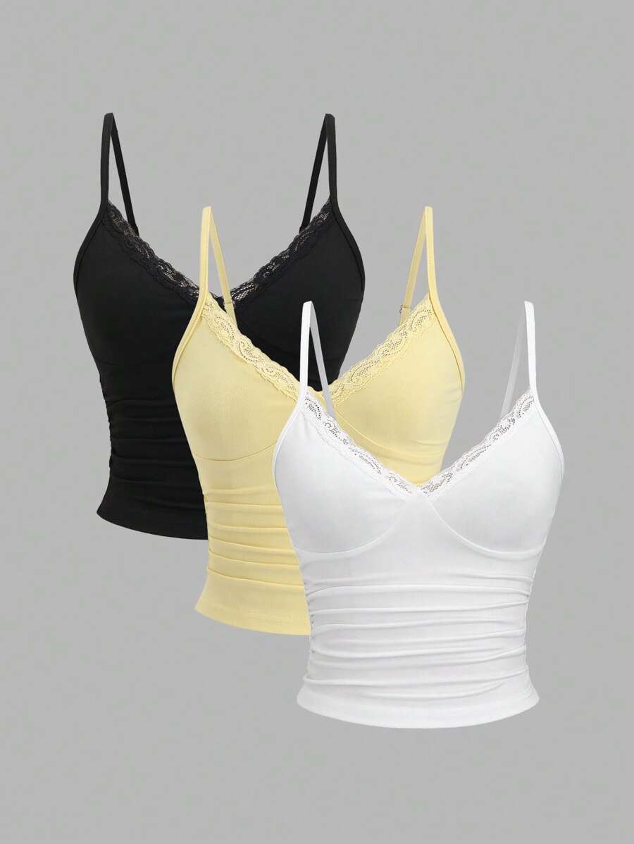 Sweetra Y2K Sexy Lace Trim Pleated Camisole Multi-Piece Set - Multicolor - View 1