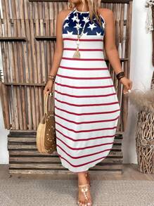 EMERY ROSE Váy không tay họa tiết cờ Mỹ và sọc cỡ lớn dành cho nữ, trang phục thường ngày mùa hè - Nhiều màu - Xem 4