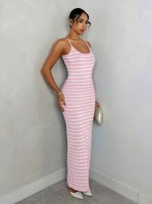 Glamine Elegant Sleeveless Midi Length Black & White Striped Knitted Dress For Women, Spring/Summer Vacation Outfits Women Skirt - Pink - View 3