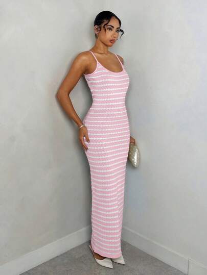 Glamine Elegant Sleeveless Midi Length Black & White Striped Knitted Dress For Women, Spring/Summer Vacation Outfits Women Skirt