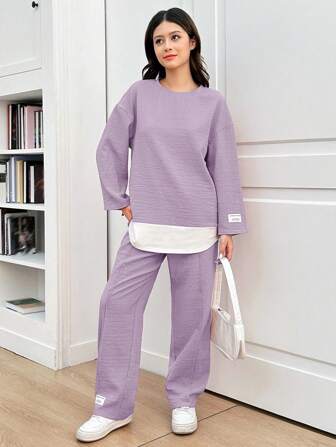 SHEIN Tonårsflicka Lila, Fritidsresor, Vår och sommar, Helgdagar, Hemkomst, Avslappnad stickad lapptäcke, Vävt märke, Rund halsad långärmad toppset, Tillbaka till skolan