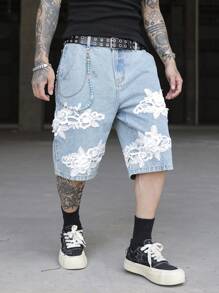 Manfinity EMRG Men's Floral Applique Pocket Casual Versatile Denim Shorts