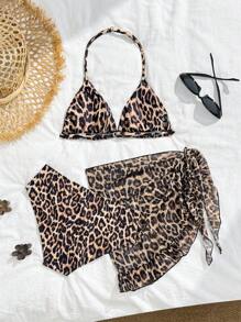 WESTFADE Young Tween Girl Leopard Print Halterneck Bikini Swimsuit Set And Mini Beach Skirt